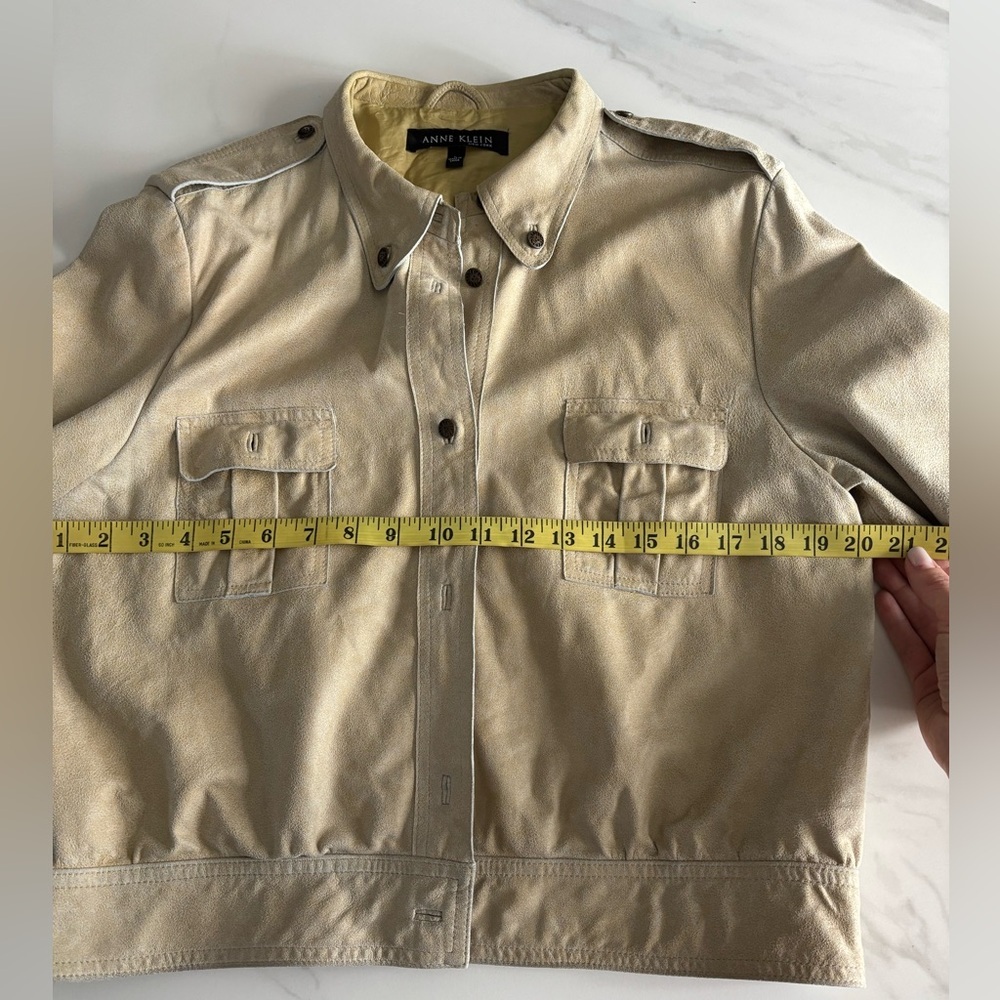 Anne Klein Vintage Military Style Leather Jacket sz L Beige - Picture 10 of 12